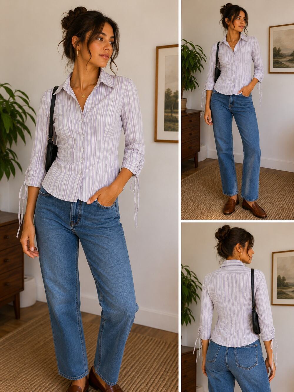 DCC Petite Lavender Stripe Zip Front Ruched Sleeve Blouse Women PM Y2K